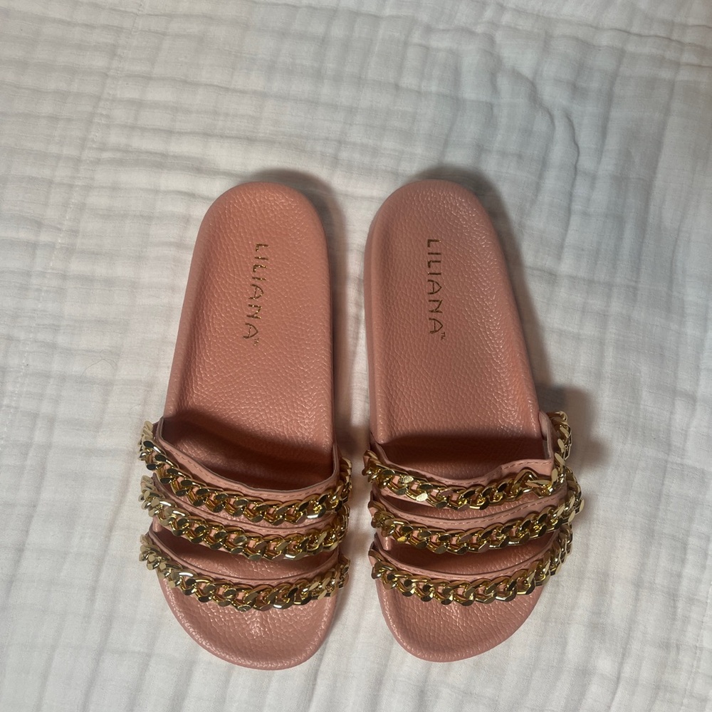 Liliana Pink Sandals with Gold Chain Accents - Picture 5 of 5